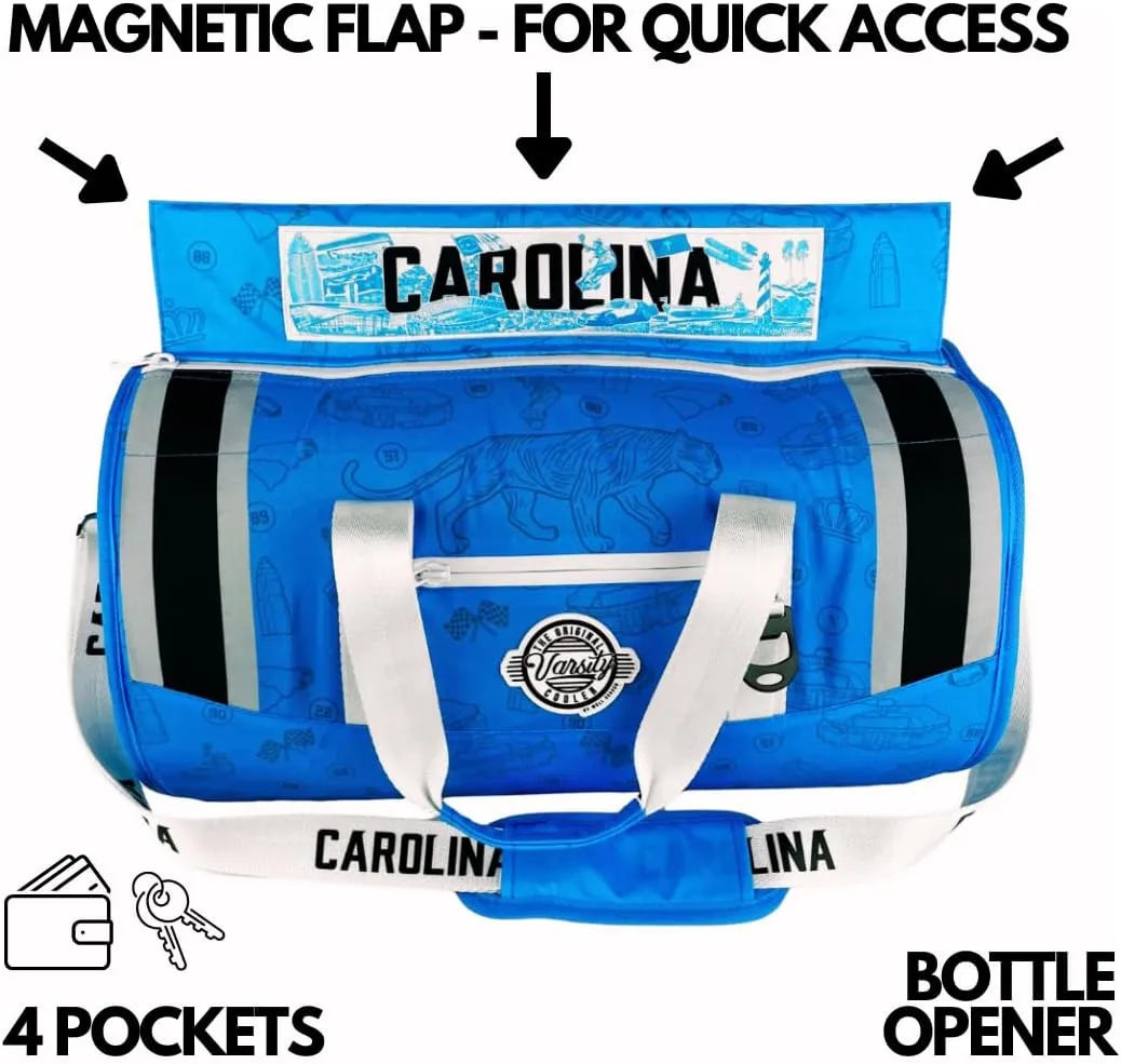 Varsity Cooler Carolina Travel Party Duffel & Cooler – 30 Can Leakproof Insulated Tote Bag, Waterproof Soft compartment for Tailgating, Golf, Beach, Carry-On Luggage & Outdoor Sports