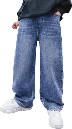 Verdusa Boy's Casual Straight Leg Baggy Jeans Elastic Waist Loose Denim Pants with Pockets