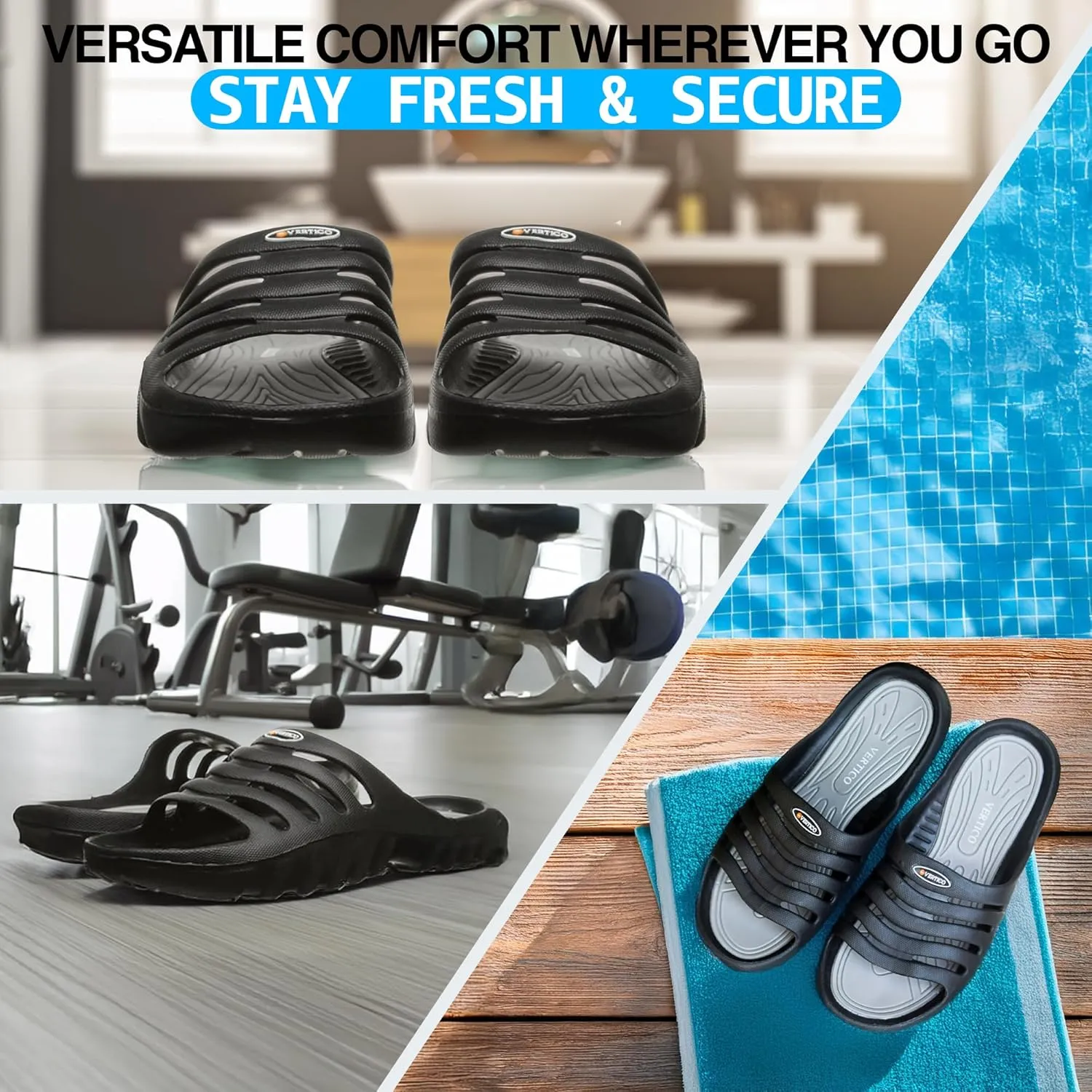 Vertico - Shower Sandals | Slide-On and Comfortable Pool-Side Shoes - Black & Grey