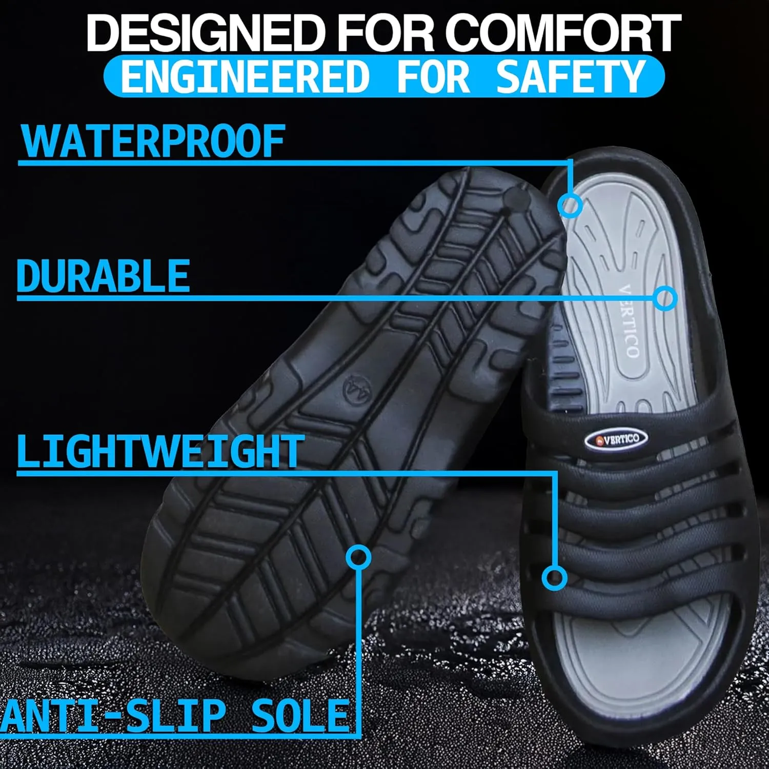 Vertico - Shower Sandals | Slide-On and Comfortable Pool-Side Shoes - Black & Grey