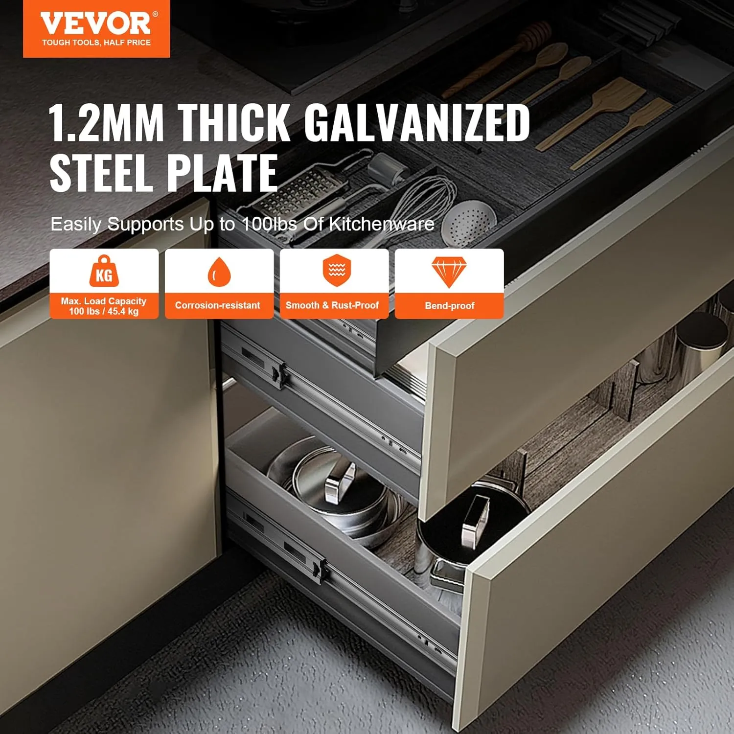 VEVOR 10 Pairs 20 Inch Soft Close Drawer Slides 14 16 18 20 22 24 Inch Heavy Duty Side Mount Rails,Ball Bearing Full Extension Noiseless Dresser Drawer Slides, 100 Lbs Load Capacity