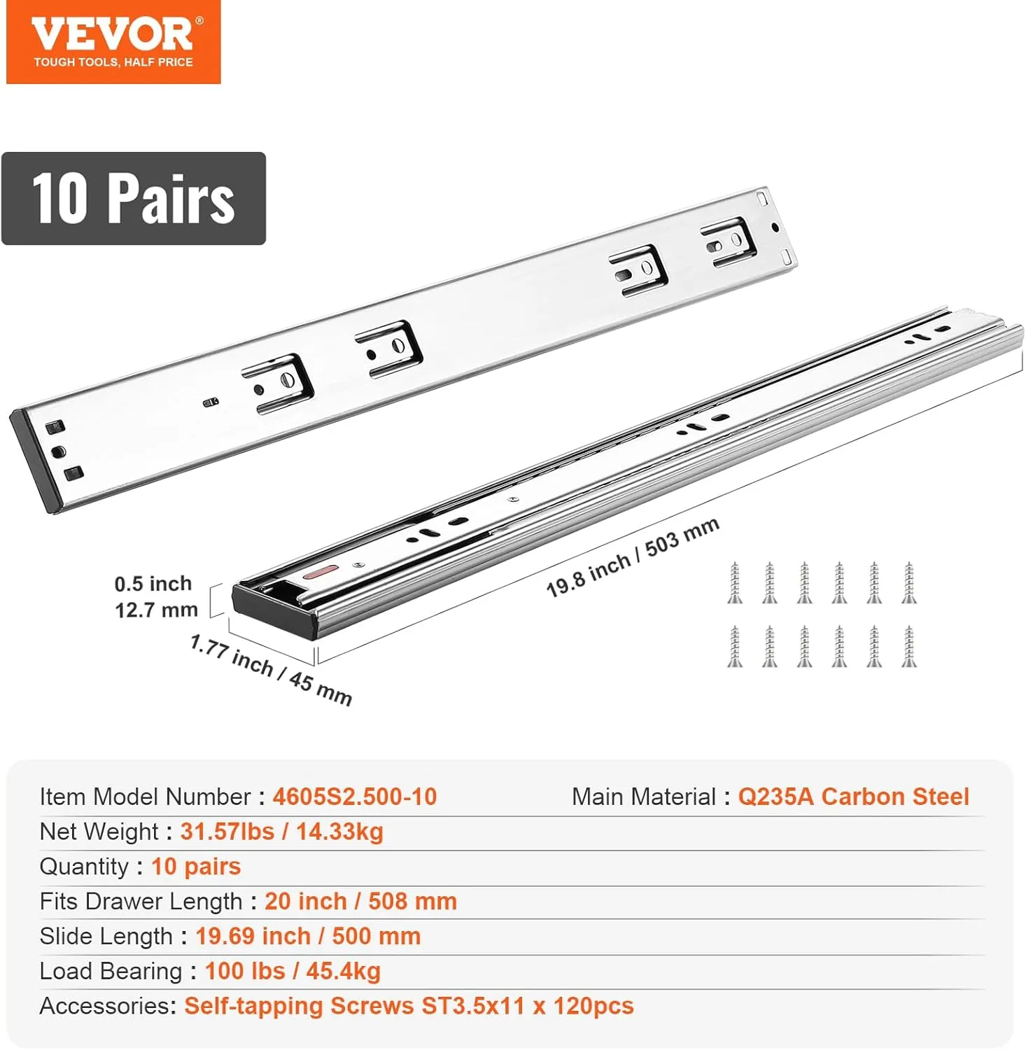 VEVOR 10 Pairs 20 Inch Soft Close Drawer Slides 14 16 18 20 22 24 Inch Heavy Duty Side Mount Rails,Ball Bearing Full Extension Noiseless Dresser Drawer Slides, 100 Lbs Load Capacity