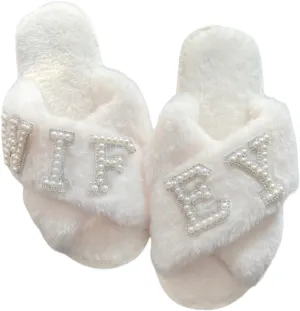 VOPHIA Bride Fuzzy Slippers - Cross Band Soft Wedding Slippers for Bridal Shower