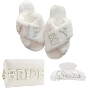 VOPHIA Bride Fuzzy Slippers - Cross Band Soft Wedding Slippers for Bridal Shower
