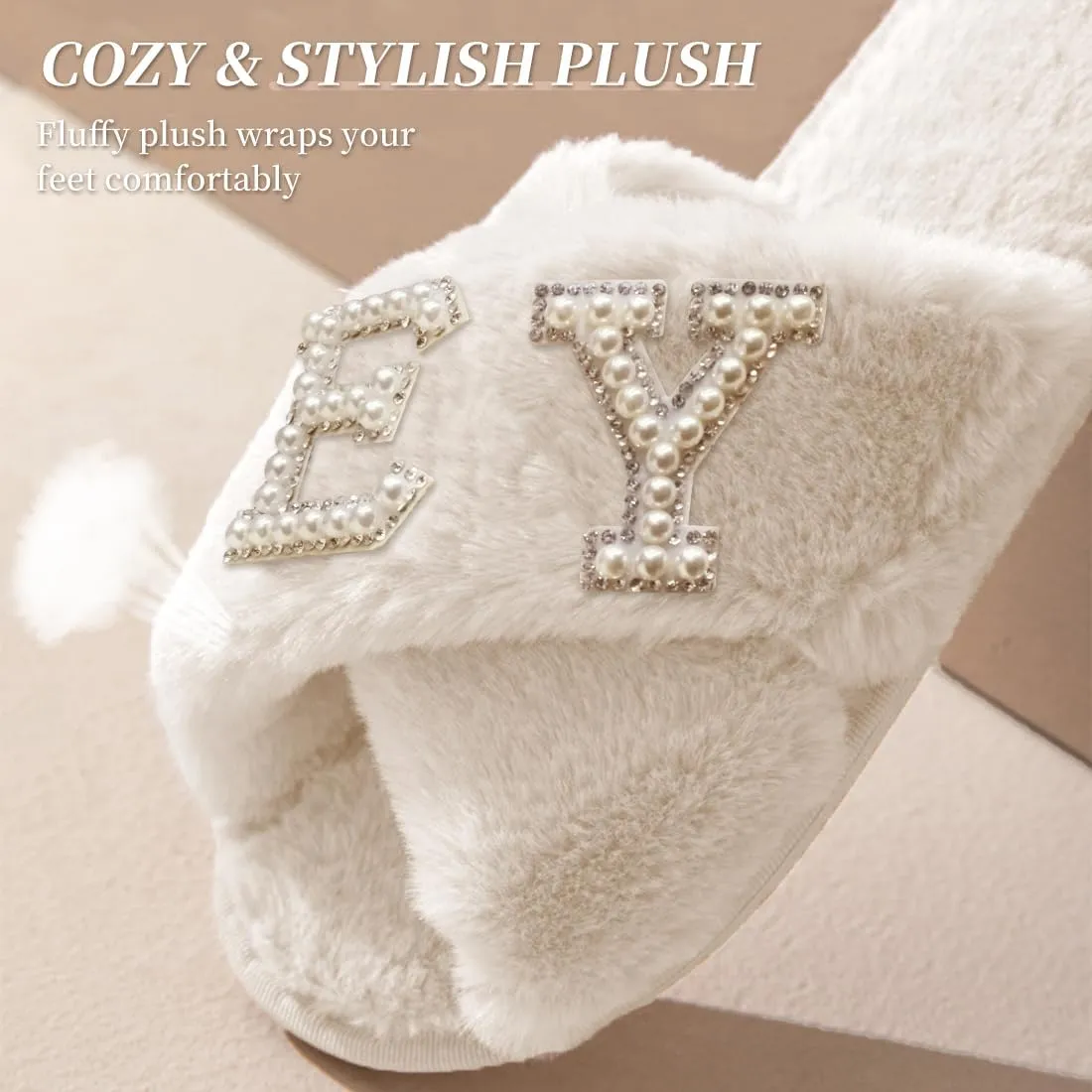 VOPHIA Bride Fuzzy Slippers - Cross Band Soft Wedding Slippers for Bridal Shower