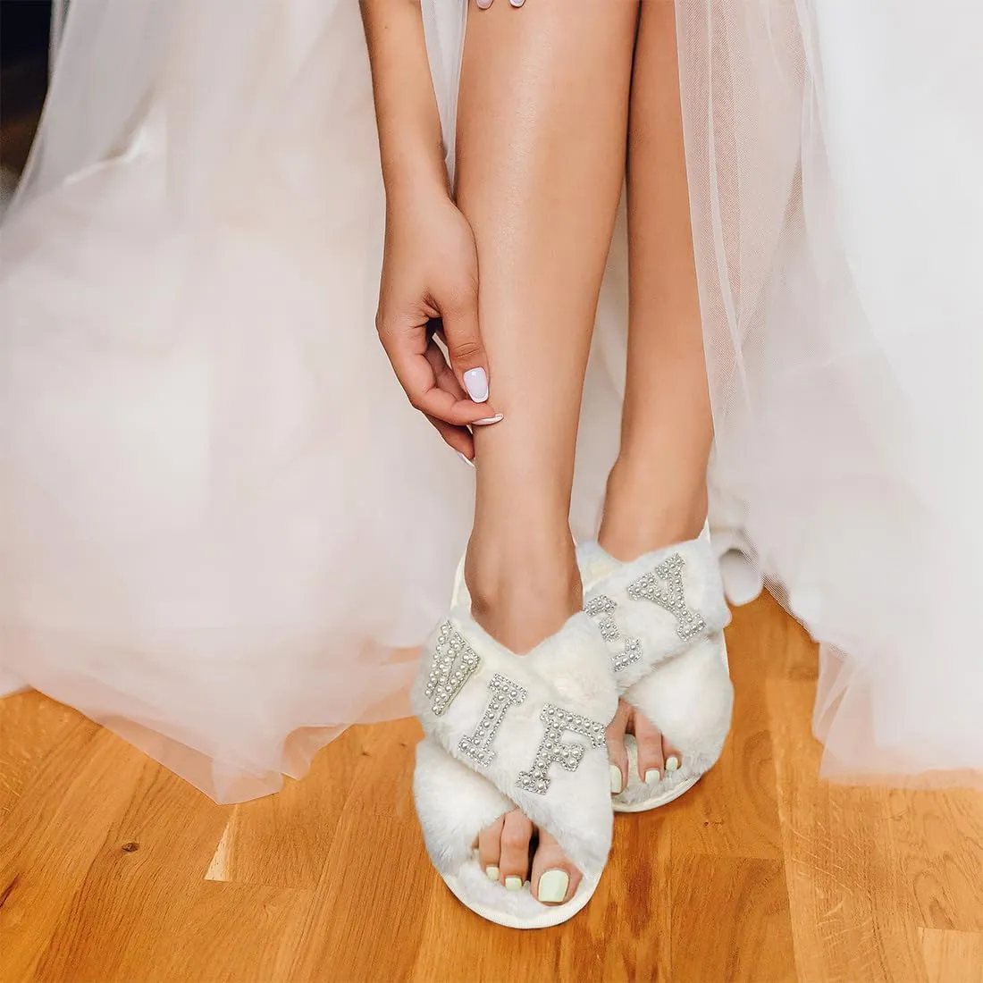 VOPHIA Bride Fuzzy Slippers - Cross Band Soft Wedding Slippers for Bridal Shower