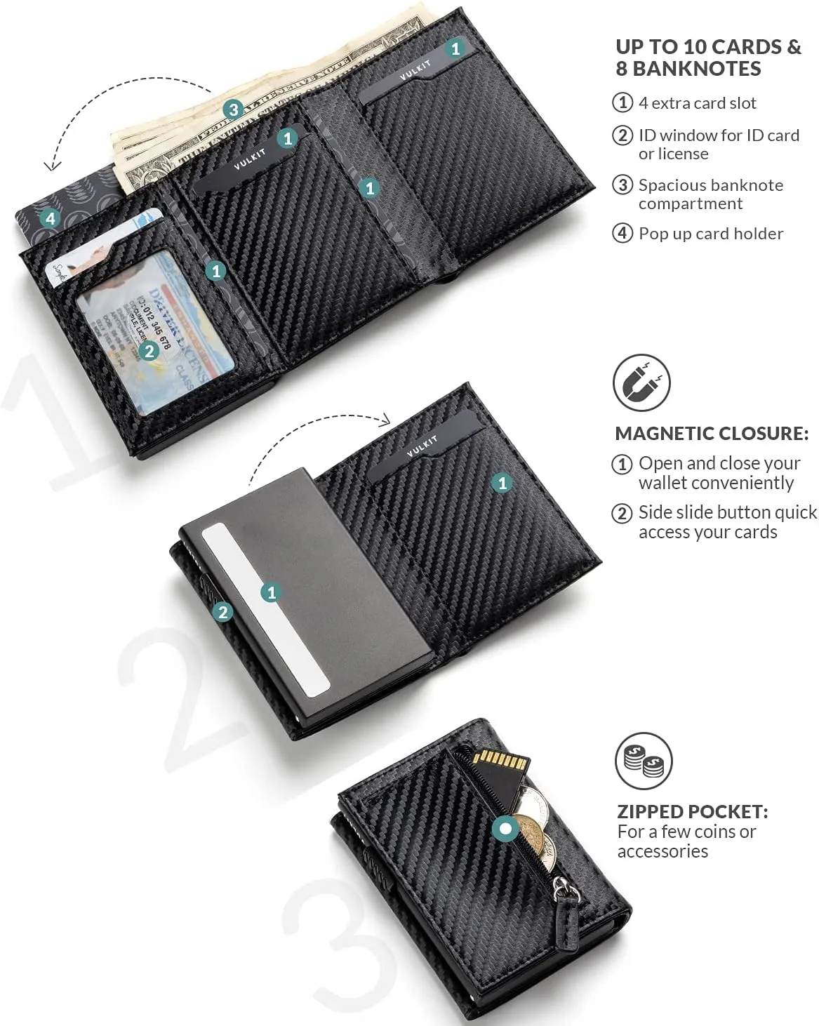 VULKIT Card Holder Wallet with Coin Pocket Magnetic Closure Pop Up Cards With ID Window Leather Wallet for Cash & Credit Cards