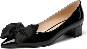 WAYDERNS Women's Pointed Toe Slip On Block Patent Bow Chunky Low Heel Pumps Shoes 1.5 Inch