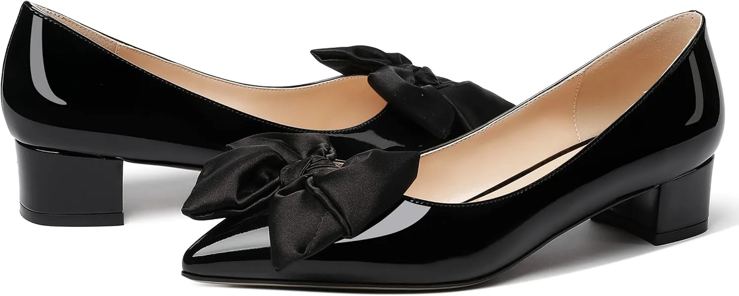 WAYDERNS Women's Pointed Toe Slip On Block Patent Bow Chunky Low Heel Pumps Shoes 1.5 Inch