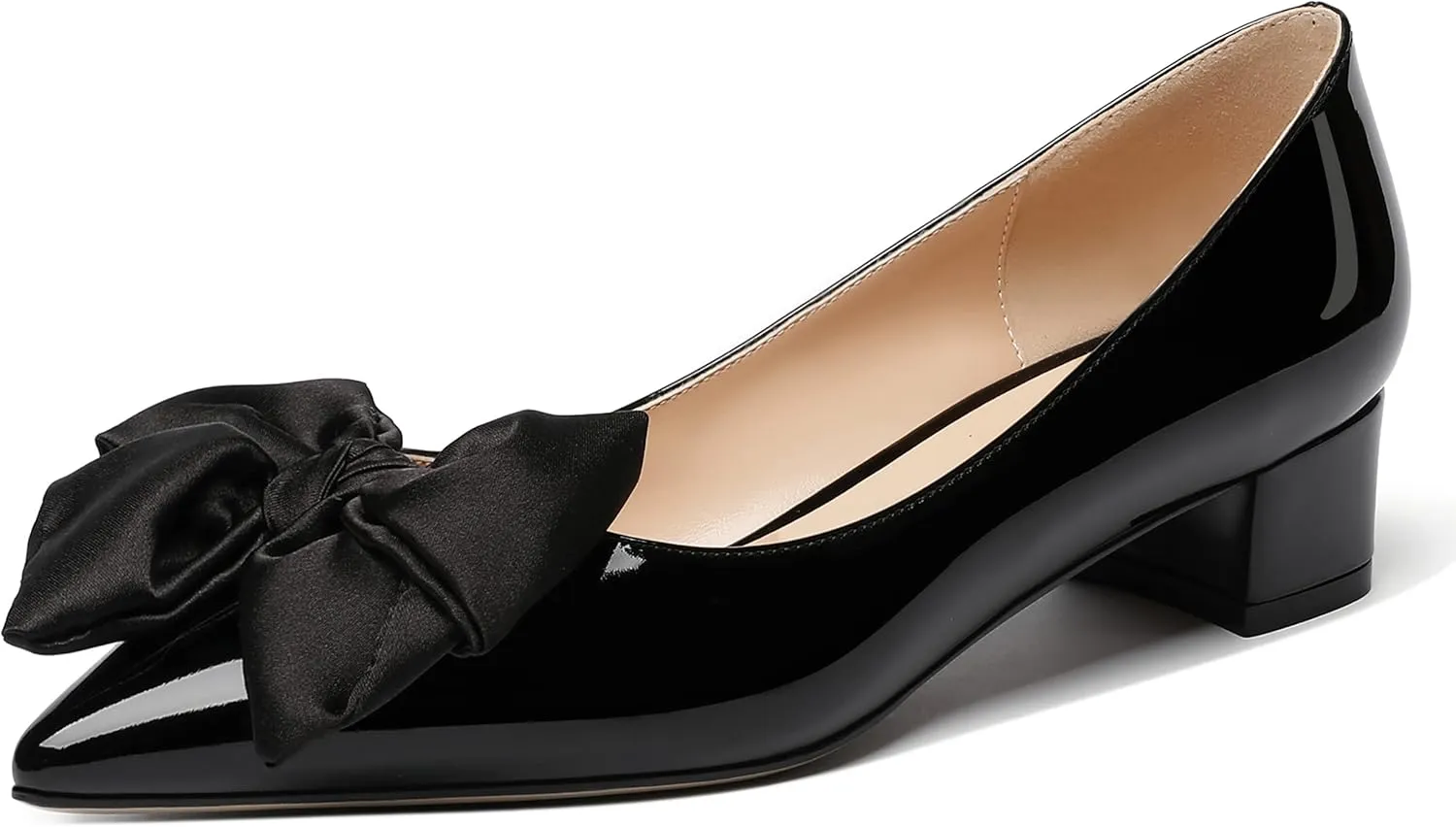 WAYDERNS Women's Pointed Toe Slip On Block Patent Bow Chunky Low Heel Pumps Shoes 1.5 Inch