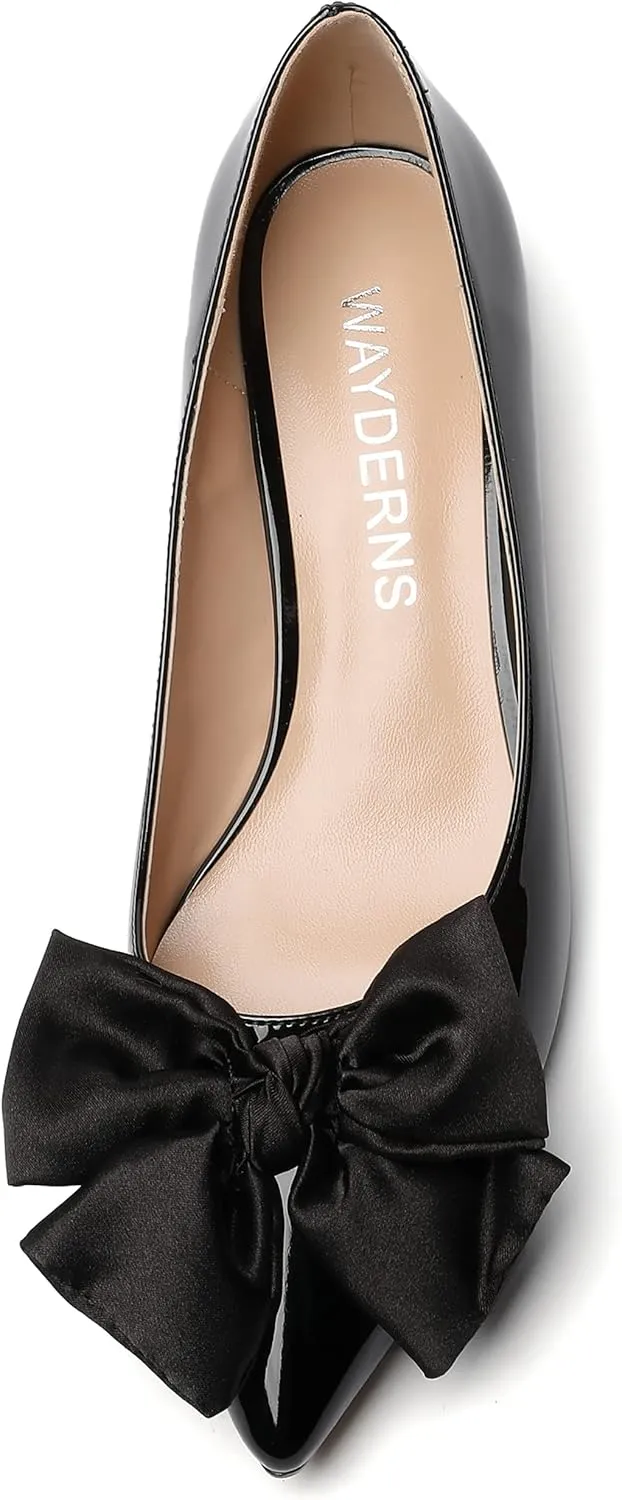 WAYDERNS Women's Pointed Toe Slip On Block Patent Bow Chunky Low Heel Pumps Shoes 1.5 Inch