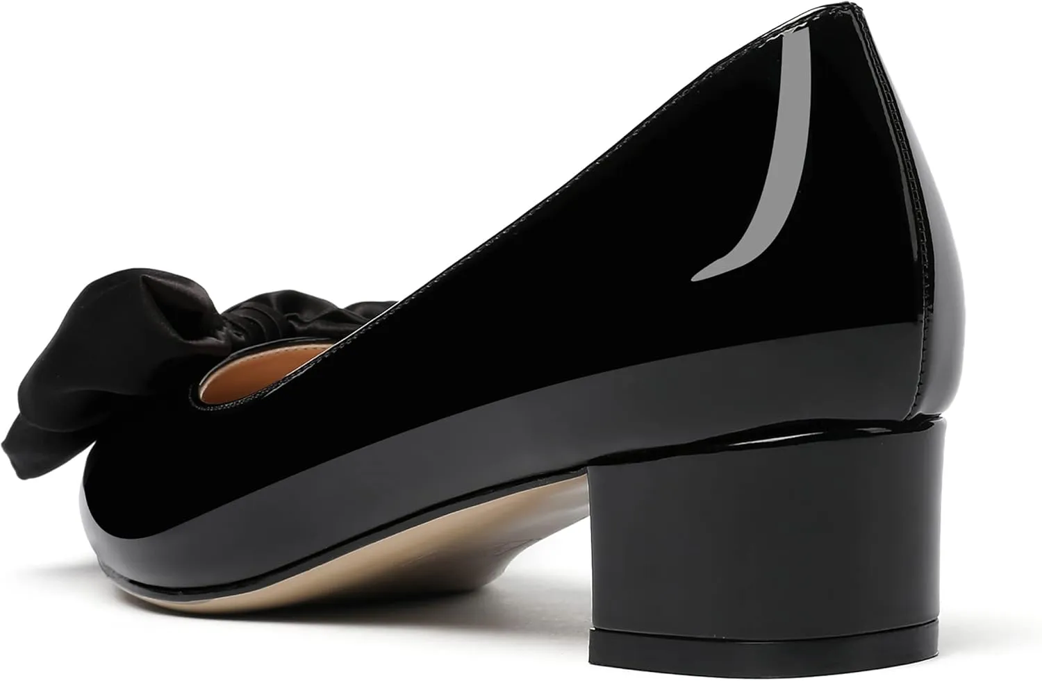 WAYDERNS Women's Pointed Toe Slip On Block Patent Bow Chunky Low Heel Pumps Shoes 1.5 Inch