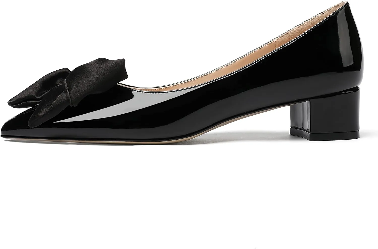 WAYDERNS Women's Pointed Toe Slip On Block Patent Bow Chunky Low Heel Pumps Shoes 1.5 Inch