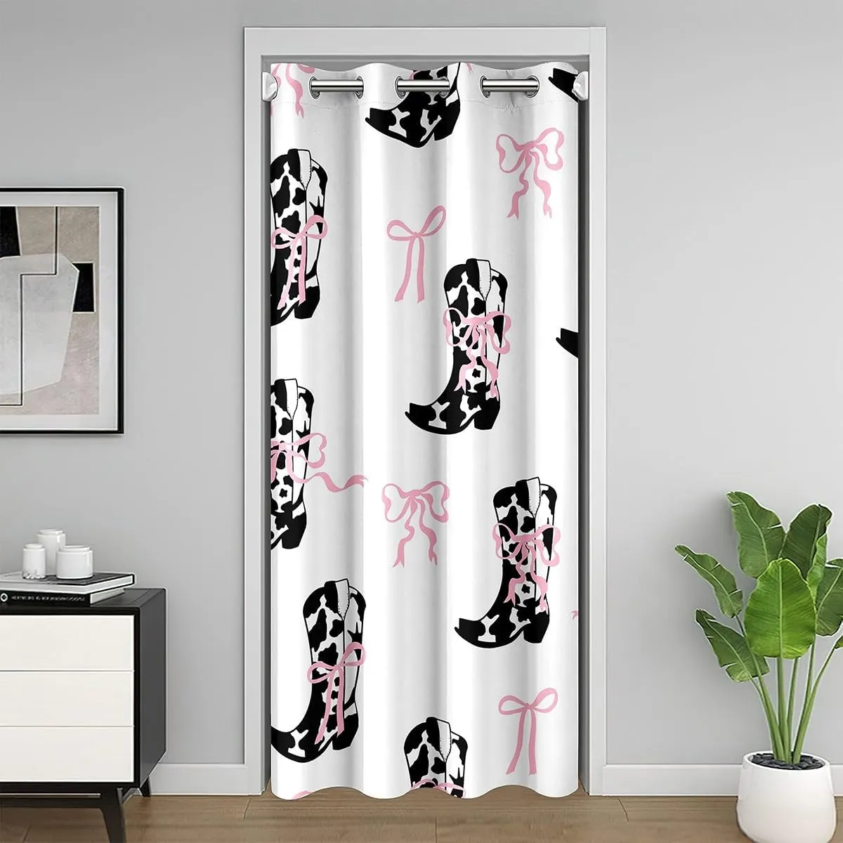 Western Cowgirl Doorway Curtain Privacy,Rustic Cowhide Print Boots Tribal White Blackout Curtain for Bedroom,Pink Bowknot Princess Style Bow Door Cover Curtains,84"×52" 1 Panel