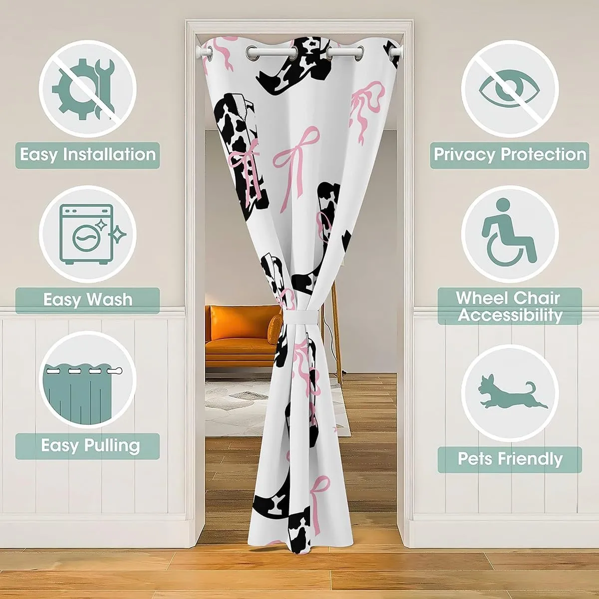 Western Cowgirl Doorway Curtain Privacy,Rustic Cowhide Print Boots Tribal White Blackout Curtain for Bedroom,Pink Bowknot Princess Style Bow Door Cover Curtains,84"×52" 1 Panel