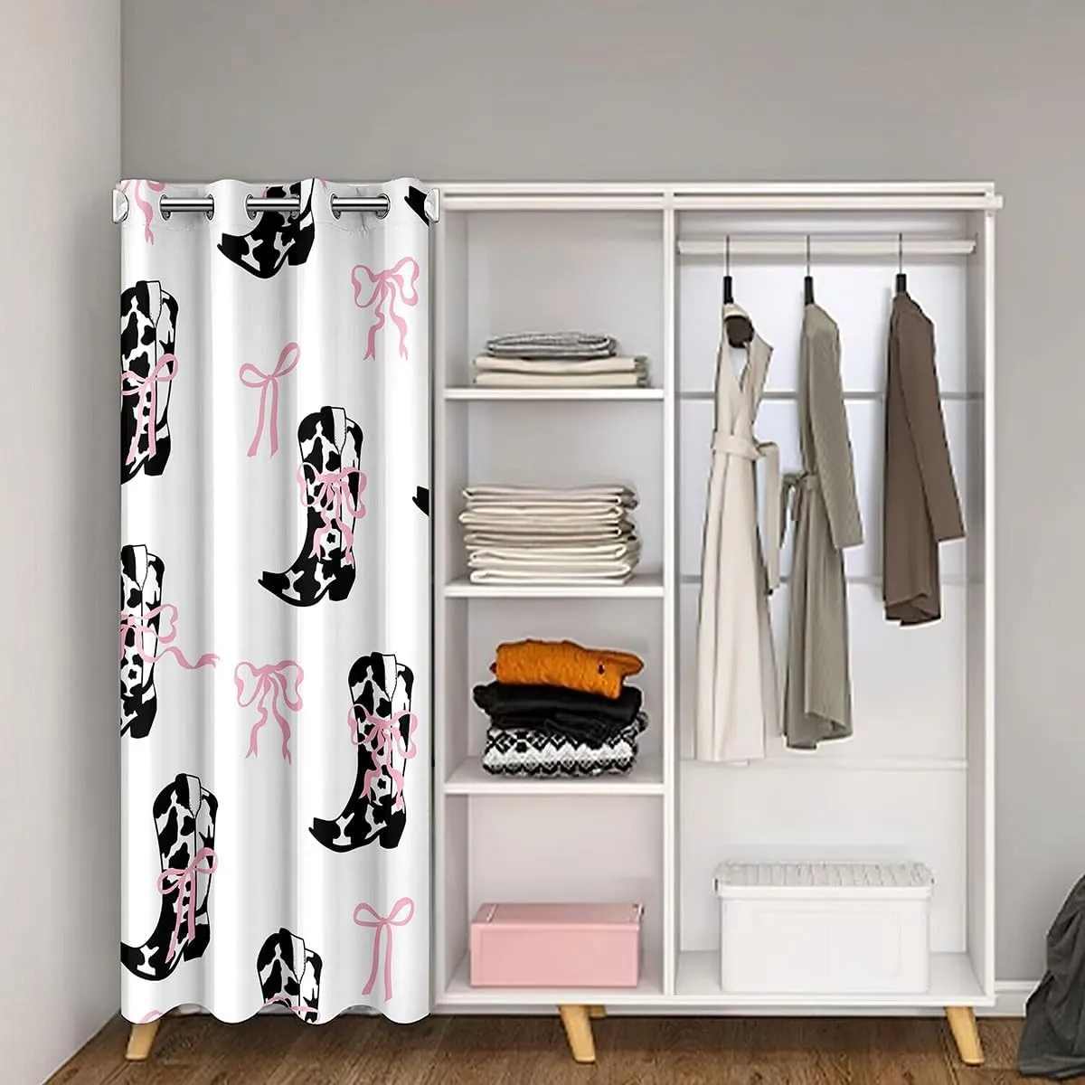 Western Cowgirl Doorway Curtain Privacy,Rustic Cowhide Print Boots Tribal White Blackout Curtain for Bedroom,Pink Bowknot Princess Style Bow Door Cover Curtains,84"×52" 1 Panel
