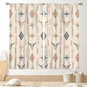 Western Curtains, Rustic Retro Aztec Bull Skull Southwest Tribal Ethnic Farmhouse Rural County Cowboy Boho Beige Western Window Drape Treatments for Bedroom Living Room Kitchen, 42"x45" Inch