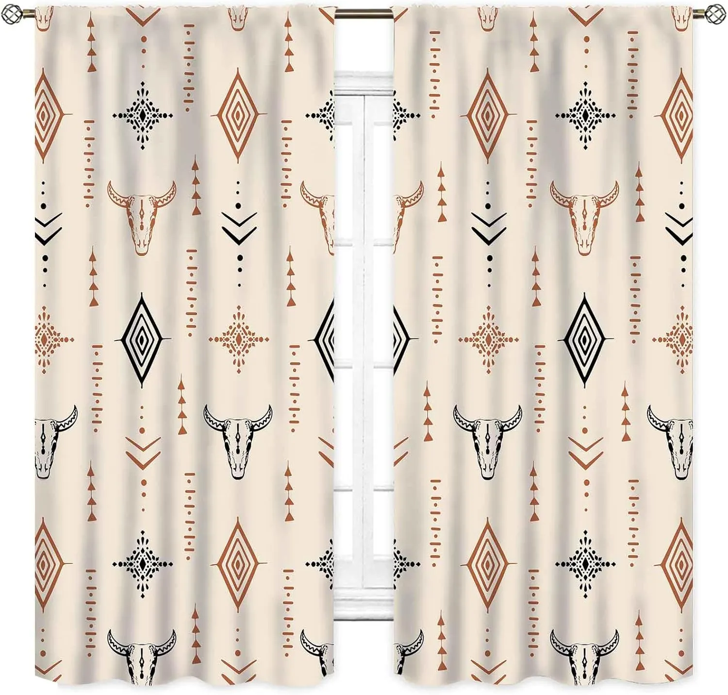 Western Curtains, Rustic Retro Aztec Bull Skull Southwest Tribal Ethnic Farmhouse Rural County Cowboy Boho Beige Western Window Drape Treatments for Bedroom Living Room Kitchen, 42"x45" Inch