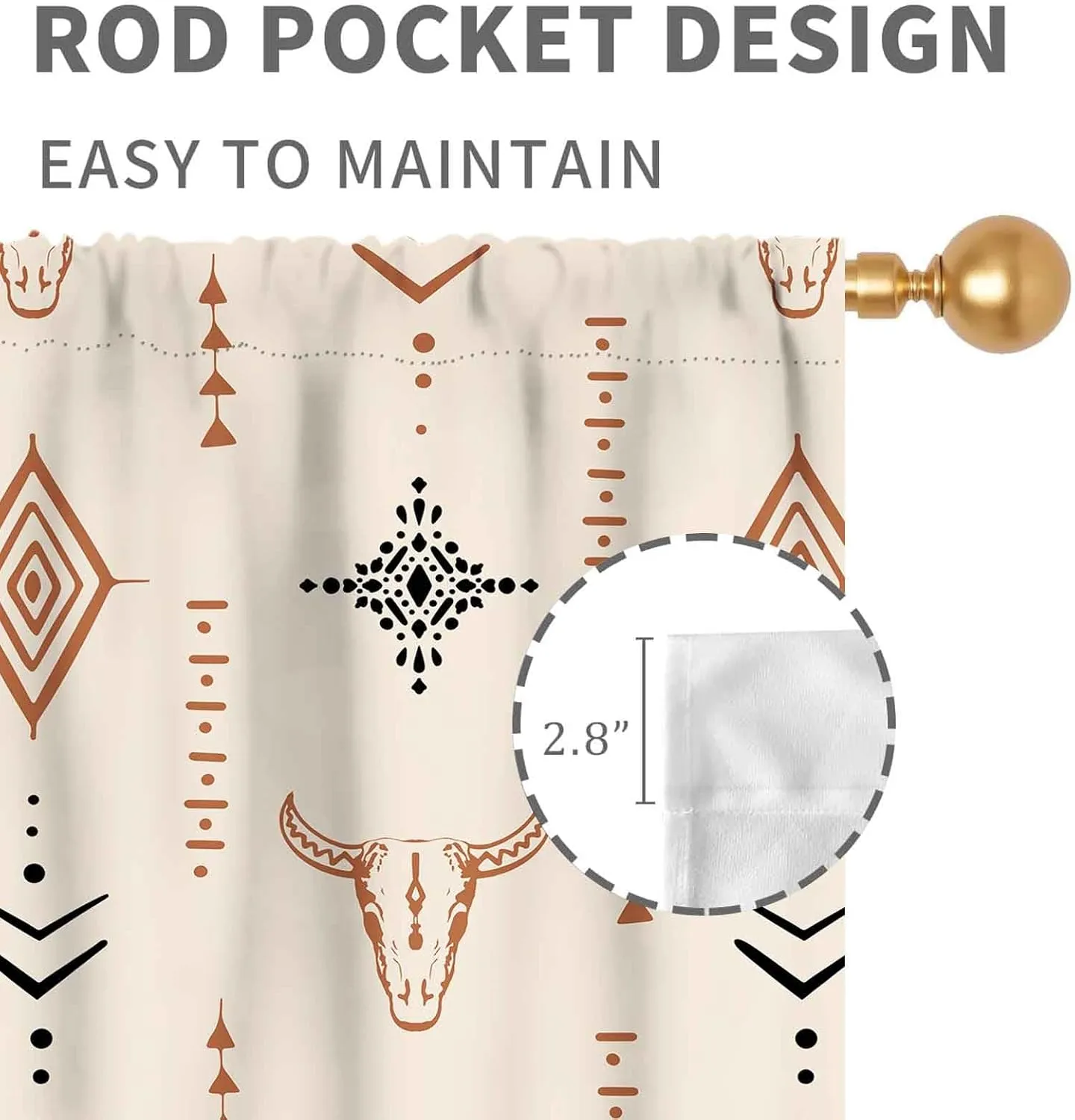 Western Curtains, Rustic Retro Aztec Bull Skull Southwest Tribal Ethnic Farmhouse Rural County Cowboy Boho Beige Western Window Drape Treatments for Bedroom Living Room Kitchen, 42"x45" Inch