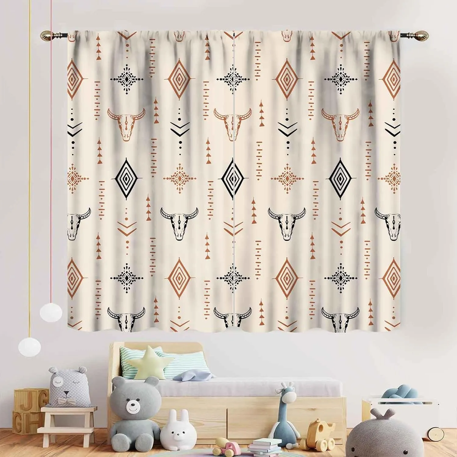 Western Curtains, Rustic Retro Aztec Bull Skull Southwest Tribal Ethnic Farmhouse Rural County Cowboy Boho Beige Western Window Drape Treatments for Bedroom Living Room Kitchen, 42"x45" Inch