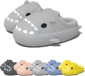Winter Cloud Slides Shark Slippers Adults Cartoon Fuzzy Slippers Nonslip Soft Comfy Home Slippers (Grey,8,9,Men,7.5,8,Women,Medium)