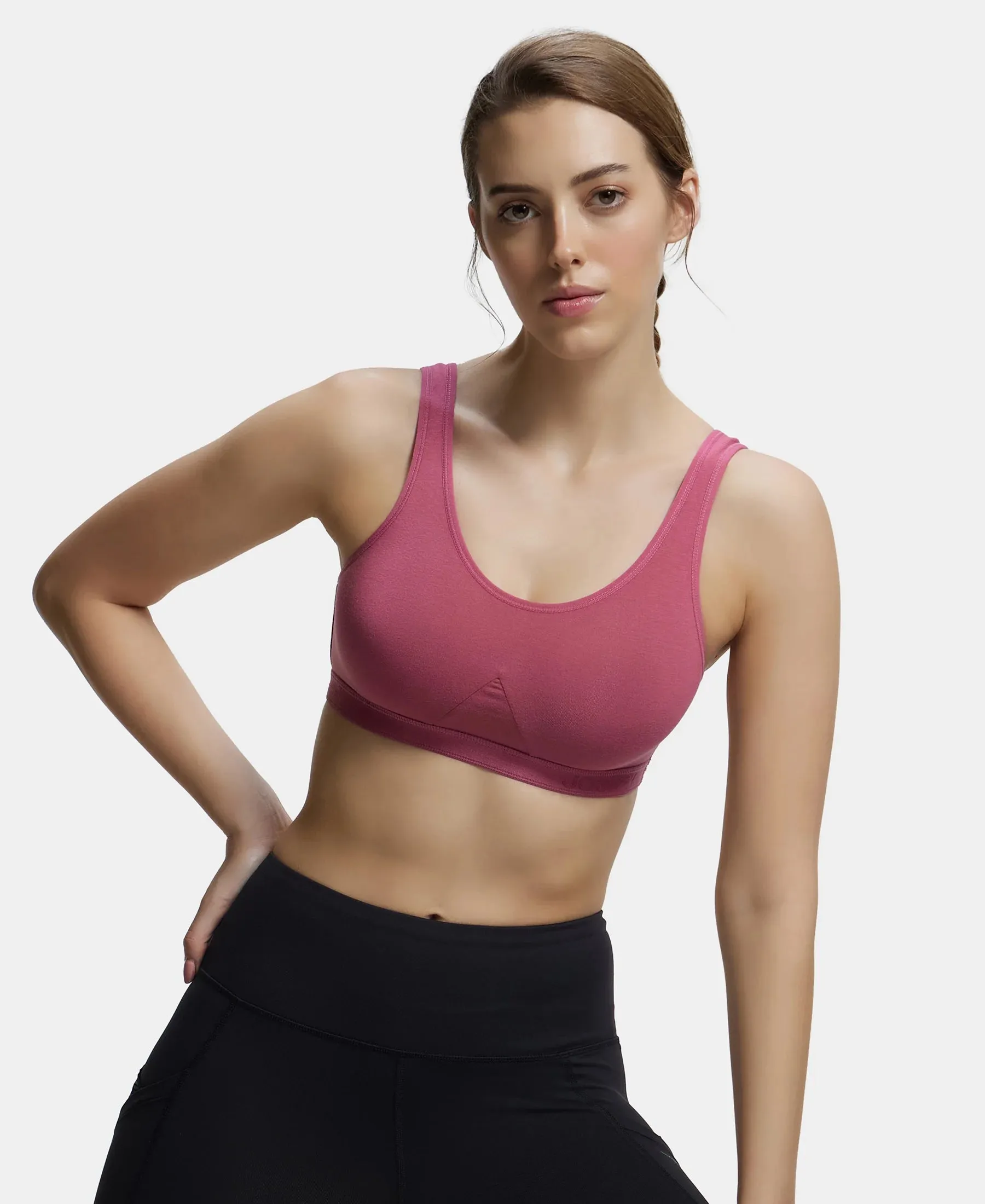 Wirefree Non Padded Super Combed Cotton Elastane Stretch Full Coverage Slip-On Active Bra with Wider Straps and Moisture Move Treatment - Rose Wine