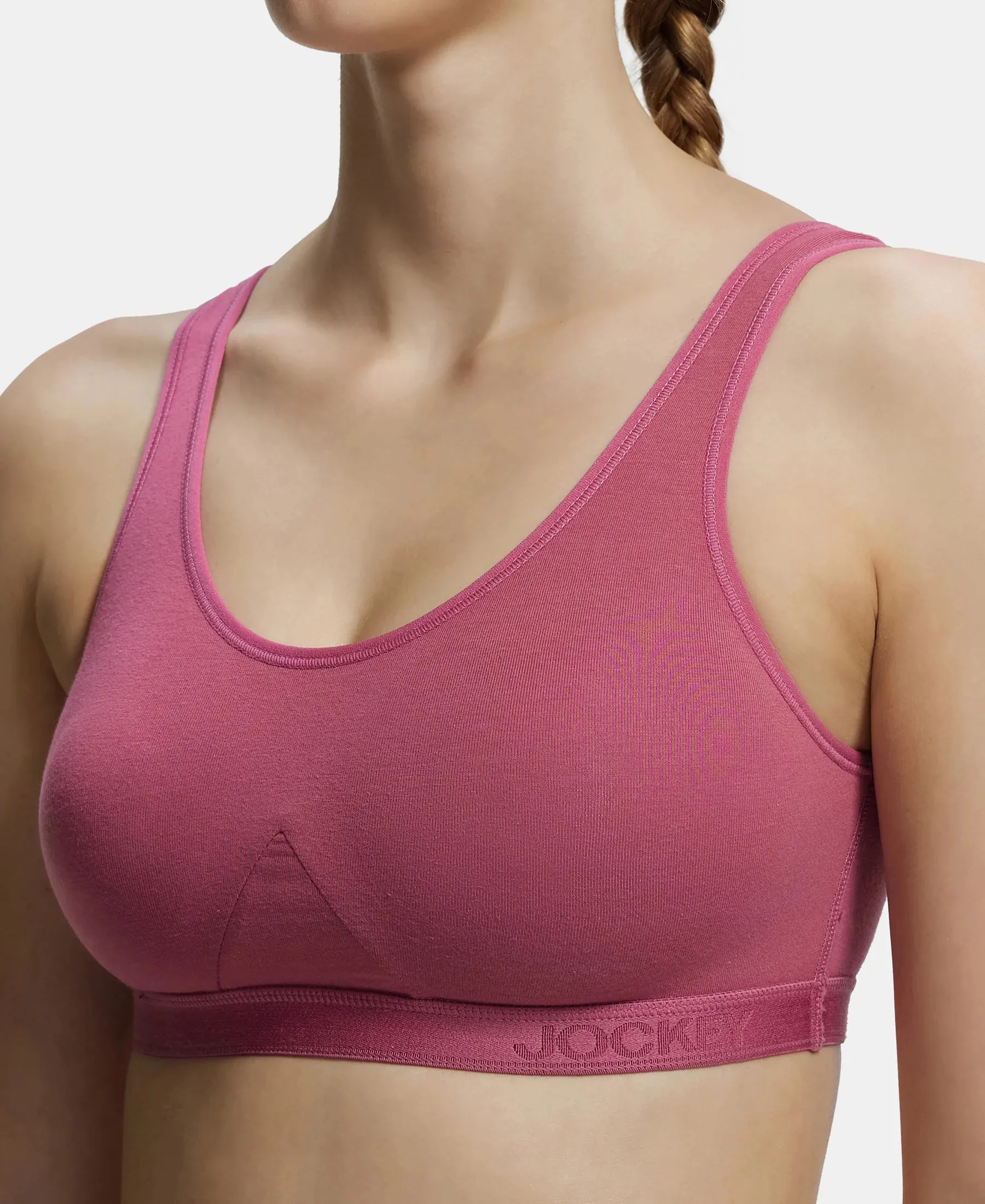 Wirefree Non Padded Super Combed Cotton Elastane Stretch Full Coverage Slip-On Active Bra with Wider Straps and Moisture Move Treatment - Rose Wine