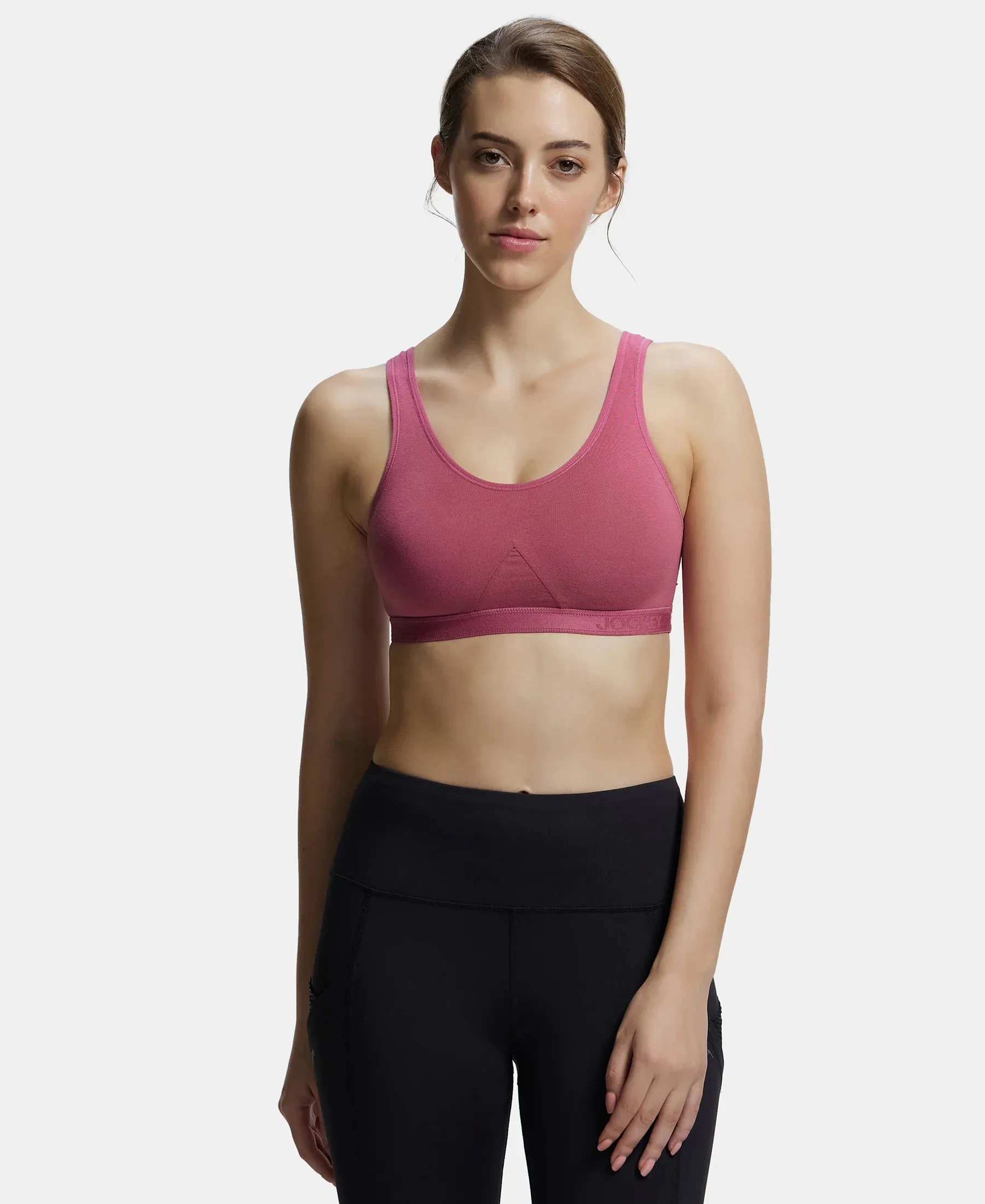 Wirefree Non Padded Super Combed Cotton Elastane Stretch Full Coverage Slip-On Active Bra with Wider Straps and Moisture Move Treatment - Rose Wine