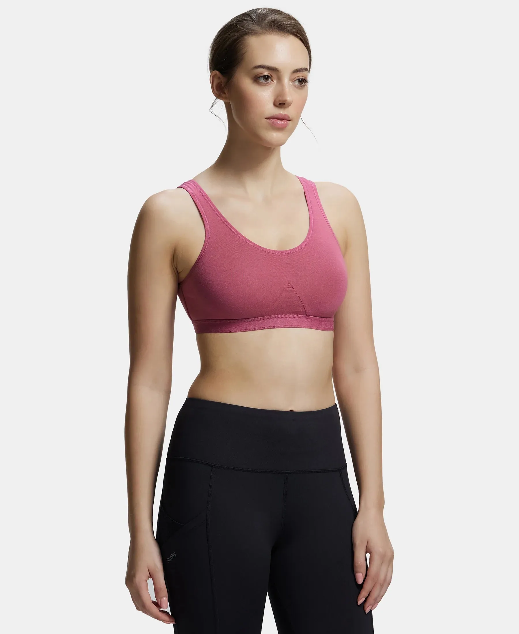 Wirefree Non Padded Super Combed Cotton Elastane Stretch Full Coverage Slip-On Active Bra with Wider Straps and Moisture Move Treatment - Rose Wine
