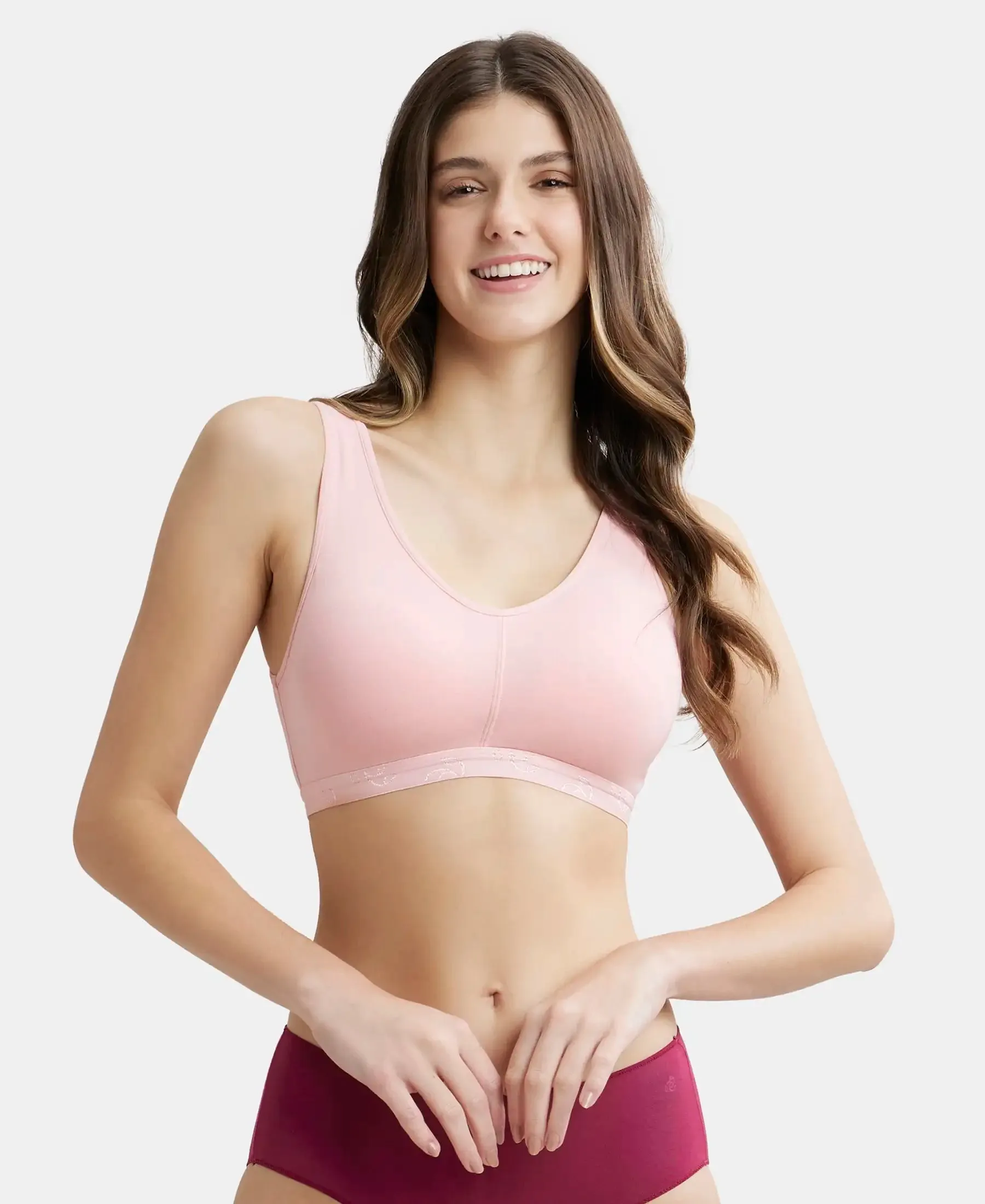 Wirefree Padded Super Combed Cotton Elastane Stretch Full Coverage Lounge and Sleep Bra with Removable Pads - Candy Pink