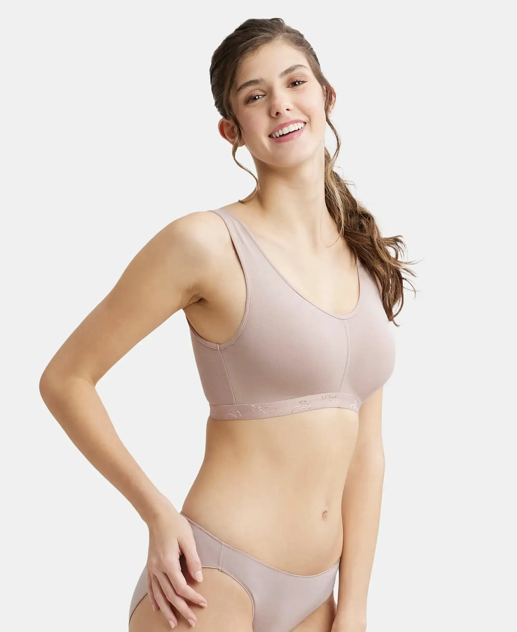 Wirefree Padded Super Combed Cotton Elastane Stretch Full Coverage Lounge and Sleep Bra with Removable Pads - Mocha