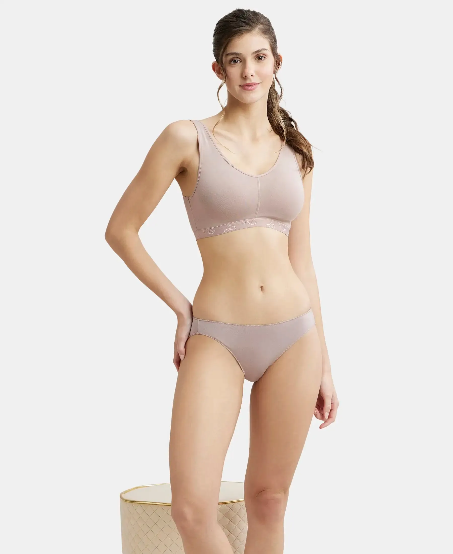 Wirefree Padded Super Combed Cotton Elastane Stretch Full Coverage Lounge and Sleep Bra with Removable Pads - Mocha