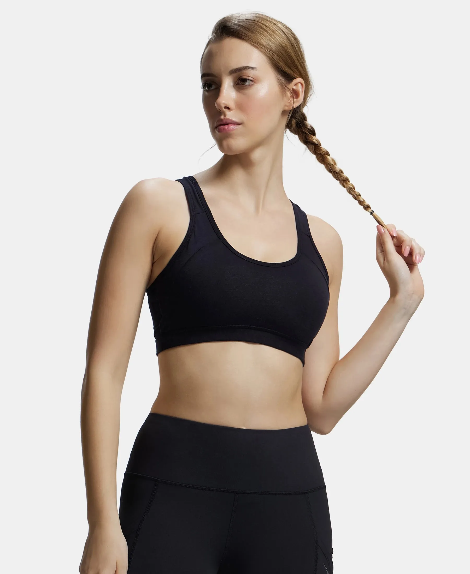 Wirefree Padded Super Combed Cotton Elastane Stretch Full Coverage Racerback Styling Active Bra with StayFresh and Moisture Move Treatment - Black