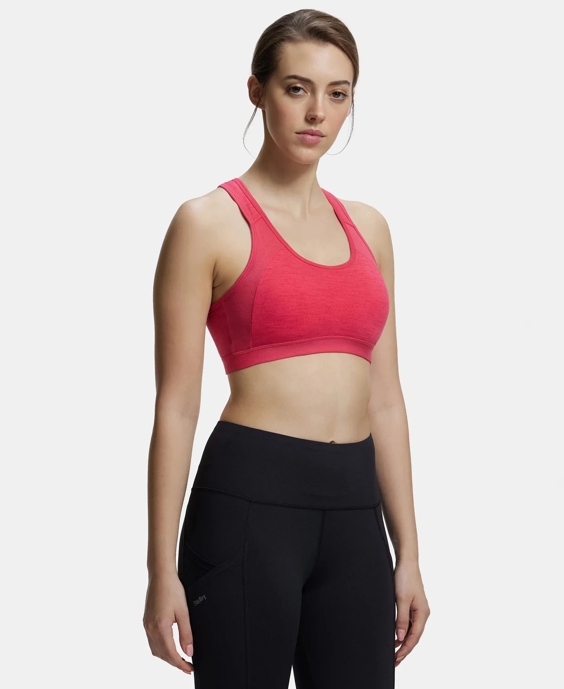 Wirefree Padded Super Combed Cotton Elastane Stretch Full Coverage Racerback Styling Active Bra with StayFresh and Moisture Move Treatment - Ruby Assorted Printed