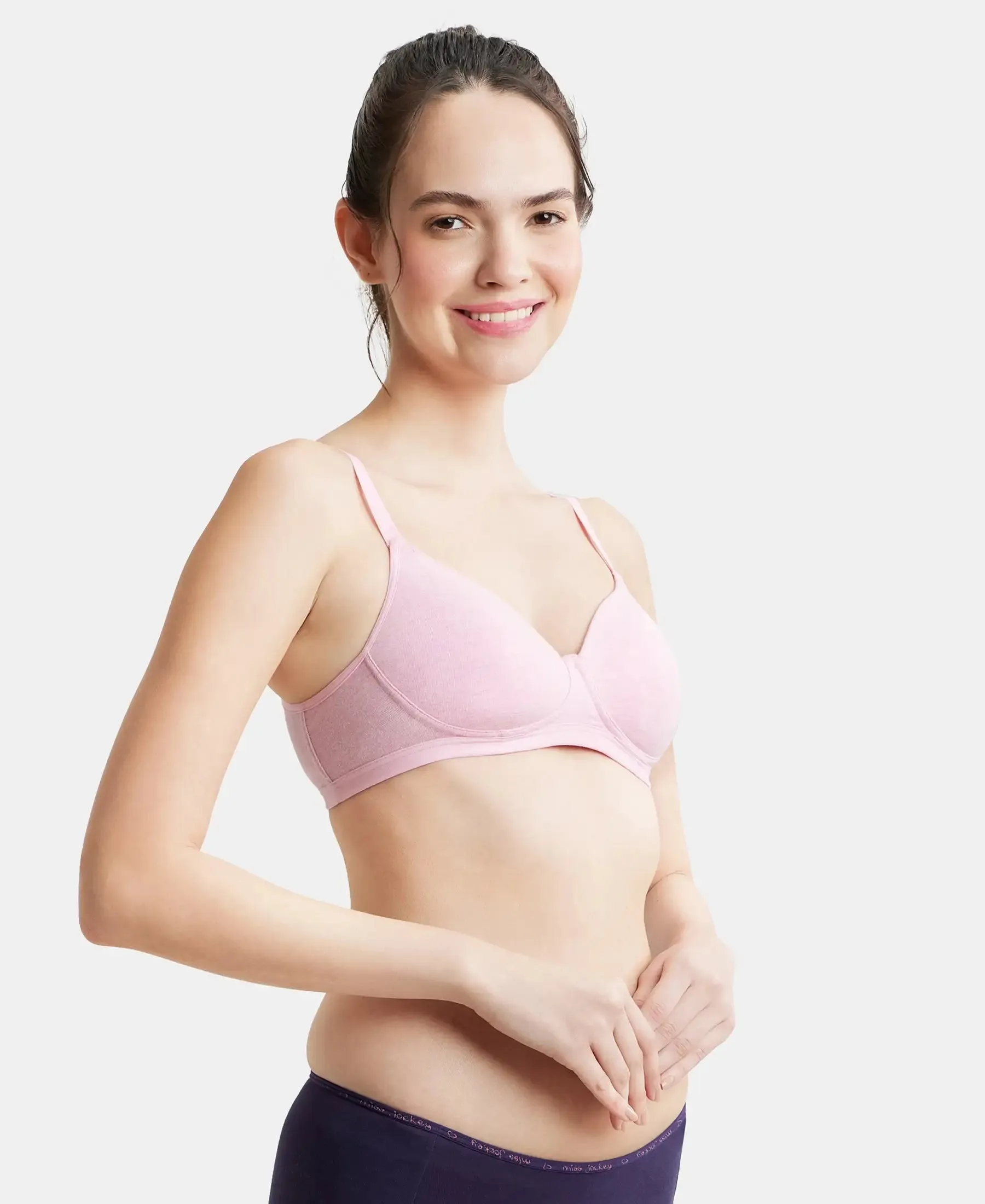 Wirefree Padded Super Combed Cotton Elastane Stretch Full Coverage Slip-On Beginners Bra - Pink Lady Melange