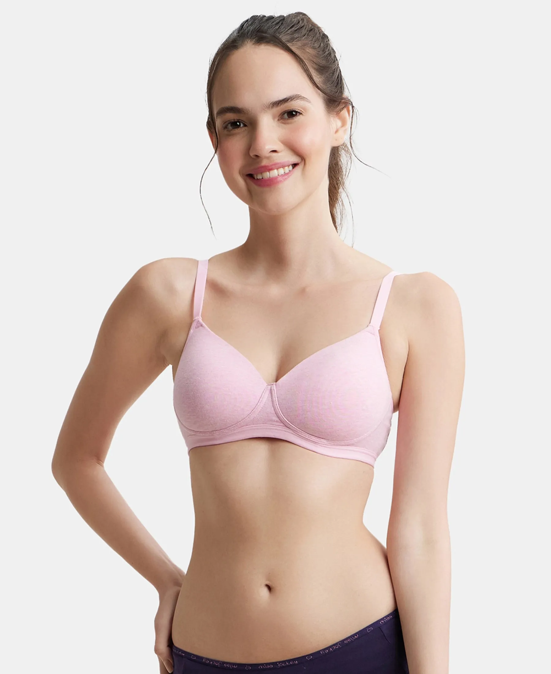 Wirefree Padded Super Combed Cotton Elastane Stretch Full Coverage Slip-On Beginners Bra - Pink Lady Melange