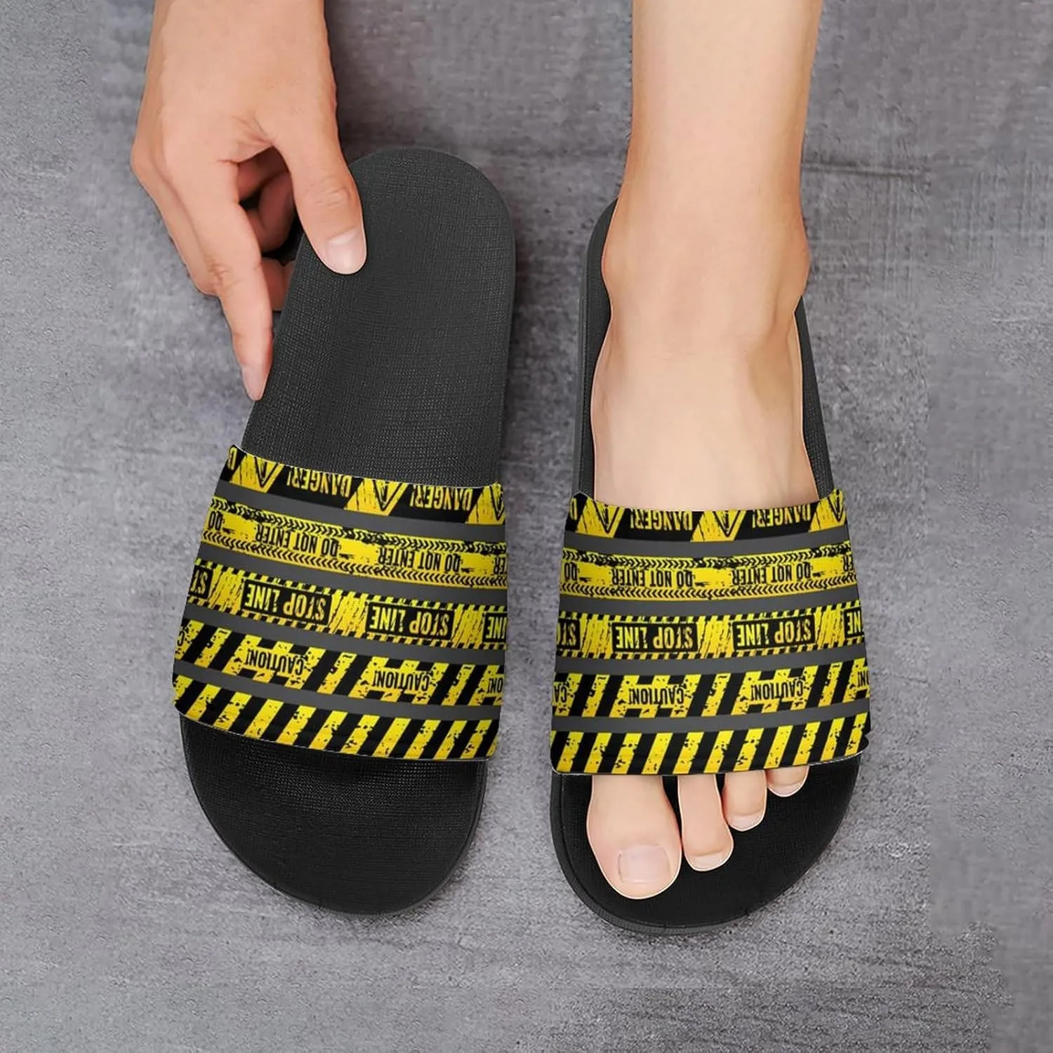Women Men Slide Slippers Sandals Shower Home Beach House Shoes Gifts, Danger Caution Warning Police Stripe