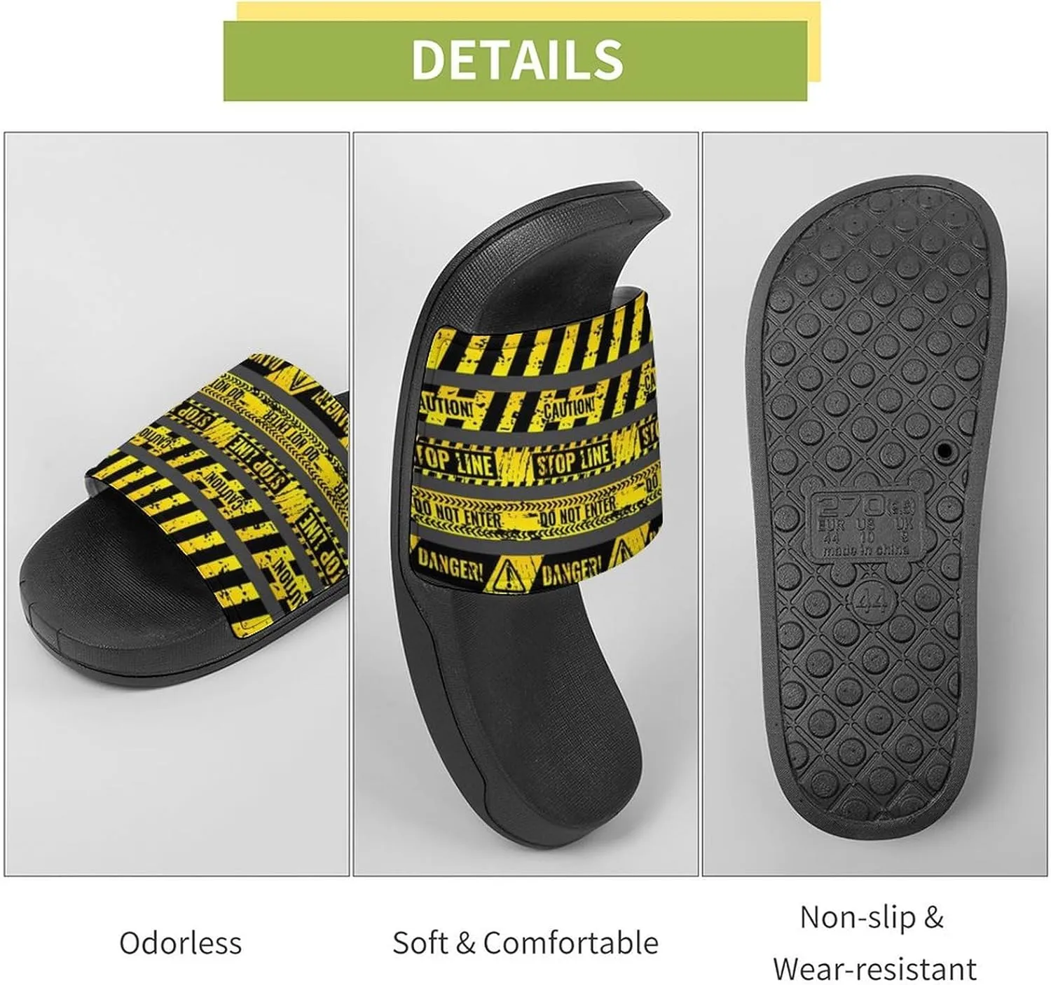 Women Men Slide Slippers Sandals Shower Home Beach House Shoes Gifts, Danger Caution Warning Police Stripe