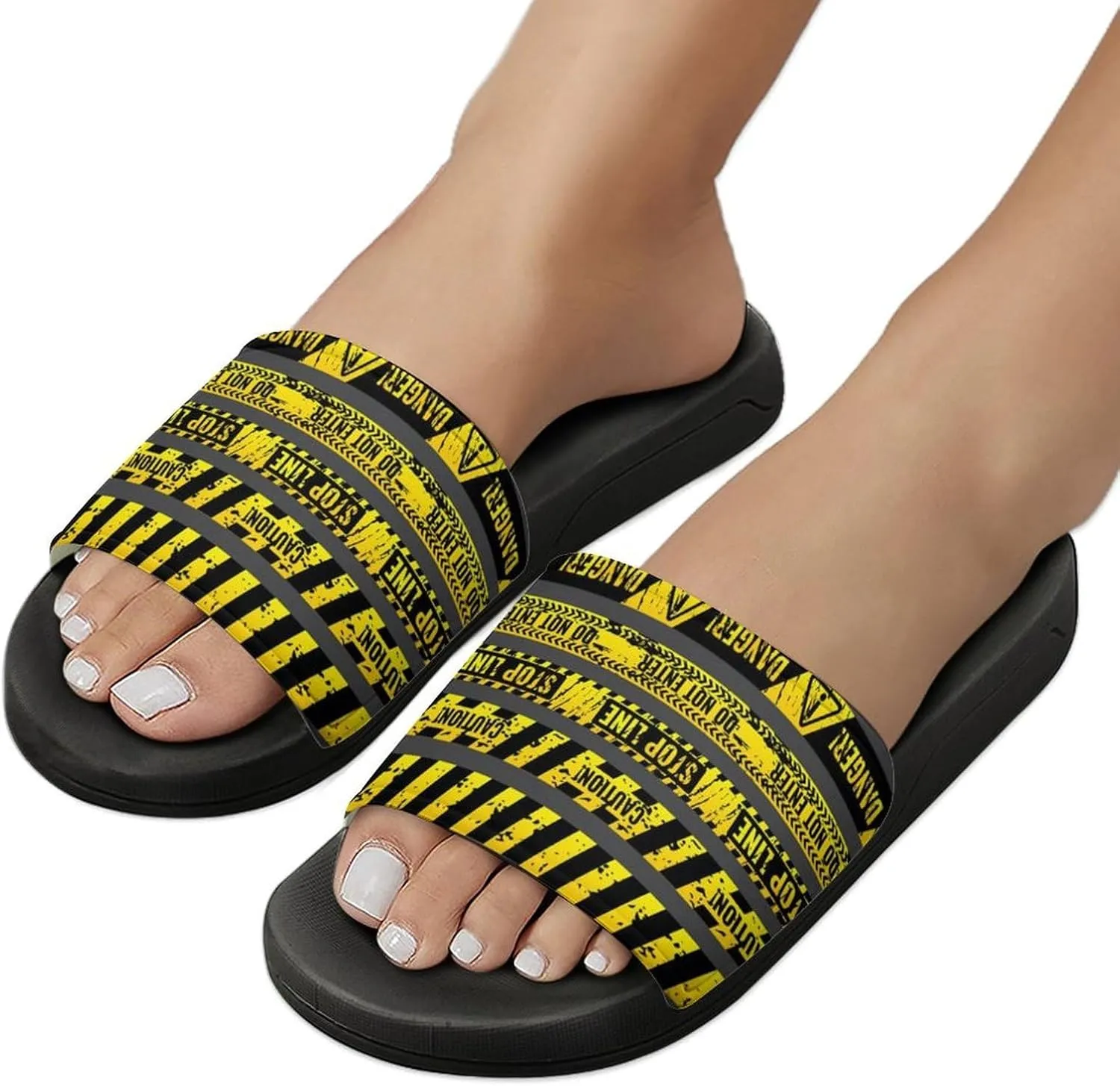 Women Men Slide Slippers Sandals Shower Home Beach House Shoes Gifts, Danger Caution Warning Police Stripe