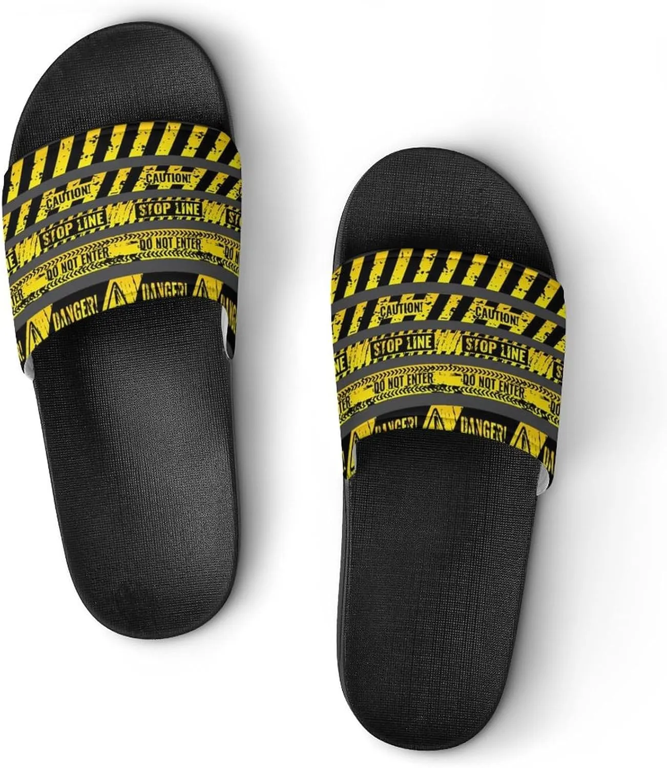 Women Men Slide Slippers Sandals Shower Home Beach House Shoes Gifts, Danger Caution Warning Police Stripe