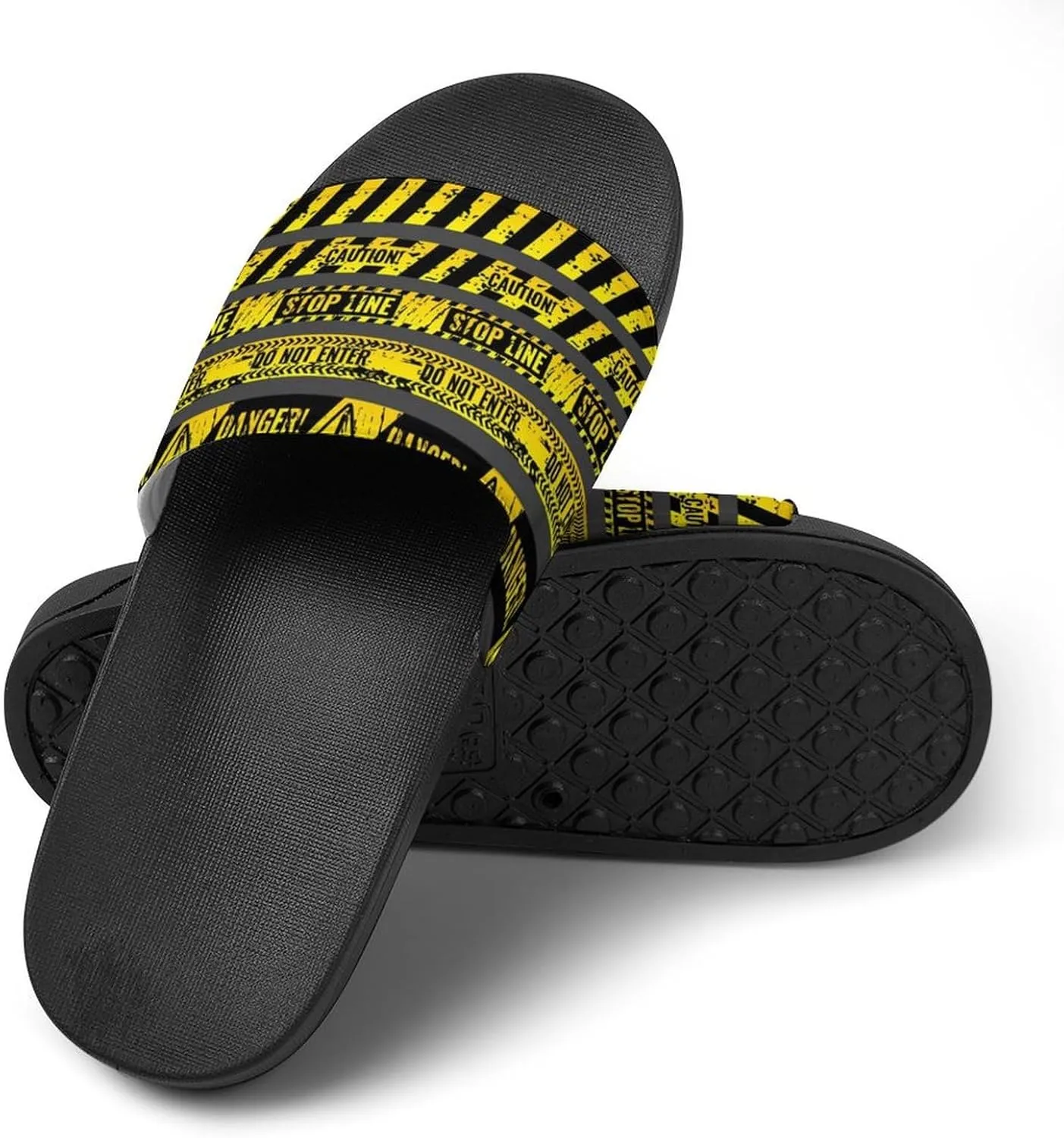 Women Men Slide Slippers Sandals Shower Home Beach House Shoes Gifts, Danger Caution Warning Police Stripe