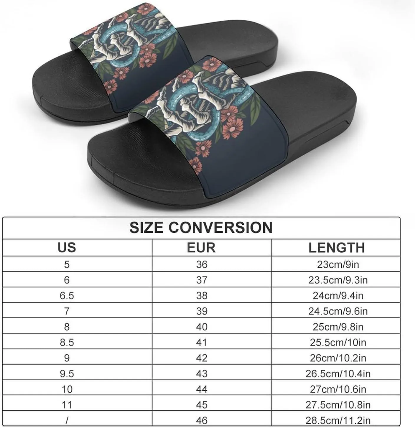 Women Men Slide Slippers Sandals Shower Home Beach House Shoes Gifts, Snake Hand Bones Skull Flower