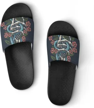 Women Men Slide Slippers Sandals Shower Home Beach House Shoes Gifts, Snake Hand Bones Skull Flower