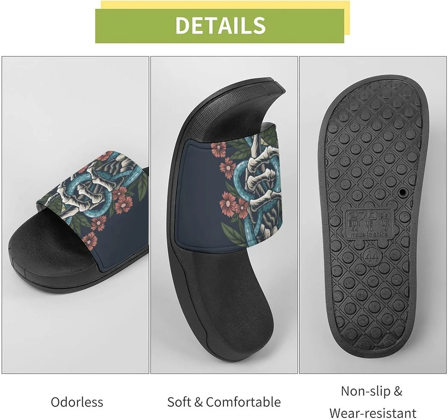 Women Men Slide Slippers Sandals Shower Home Beach House Shoes Gifts, Snake Hand Bones Skull Flower