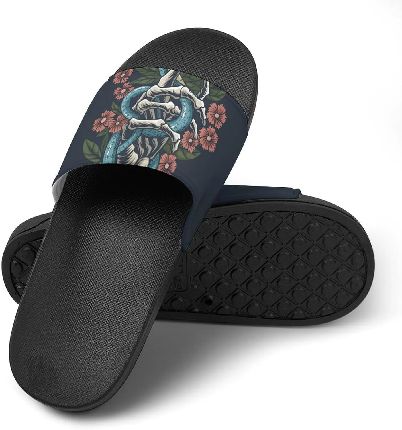 Women Men Slide Slippers Sandals Shower Home Beach House Shoes Gifts, Snake Hand Bones Skull Flower