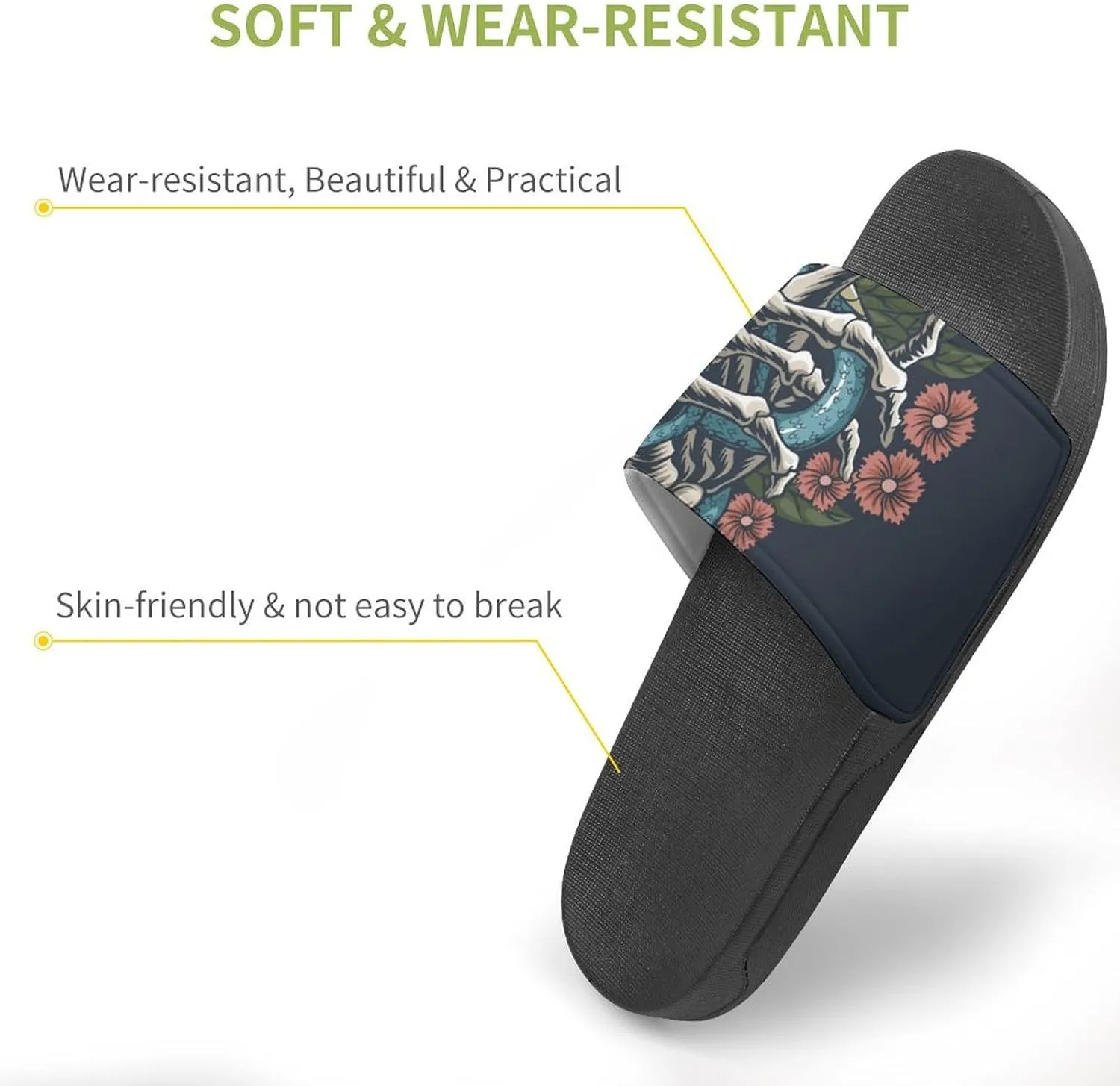 Women Men Slide Slippers Sandals Shower Home Beach House Shoes Gifts, Snake Hand Bones Skull Flower