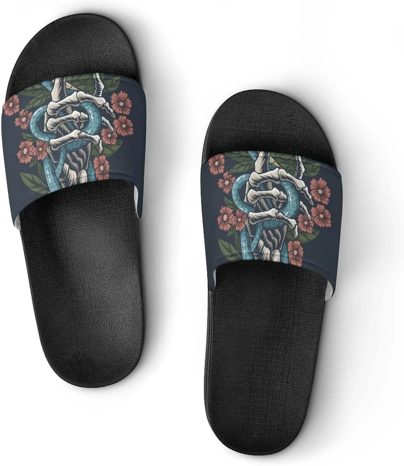 Women Men Slide Slippers Sandals Shower Home Beach House Shoes Gifts, Snake Hand Bones Skull Flower