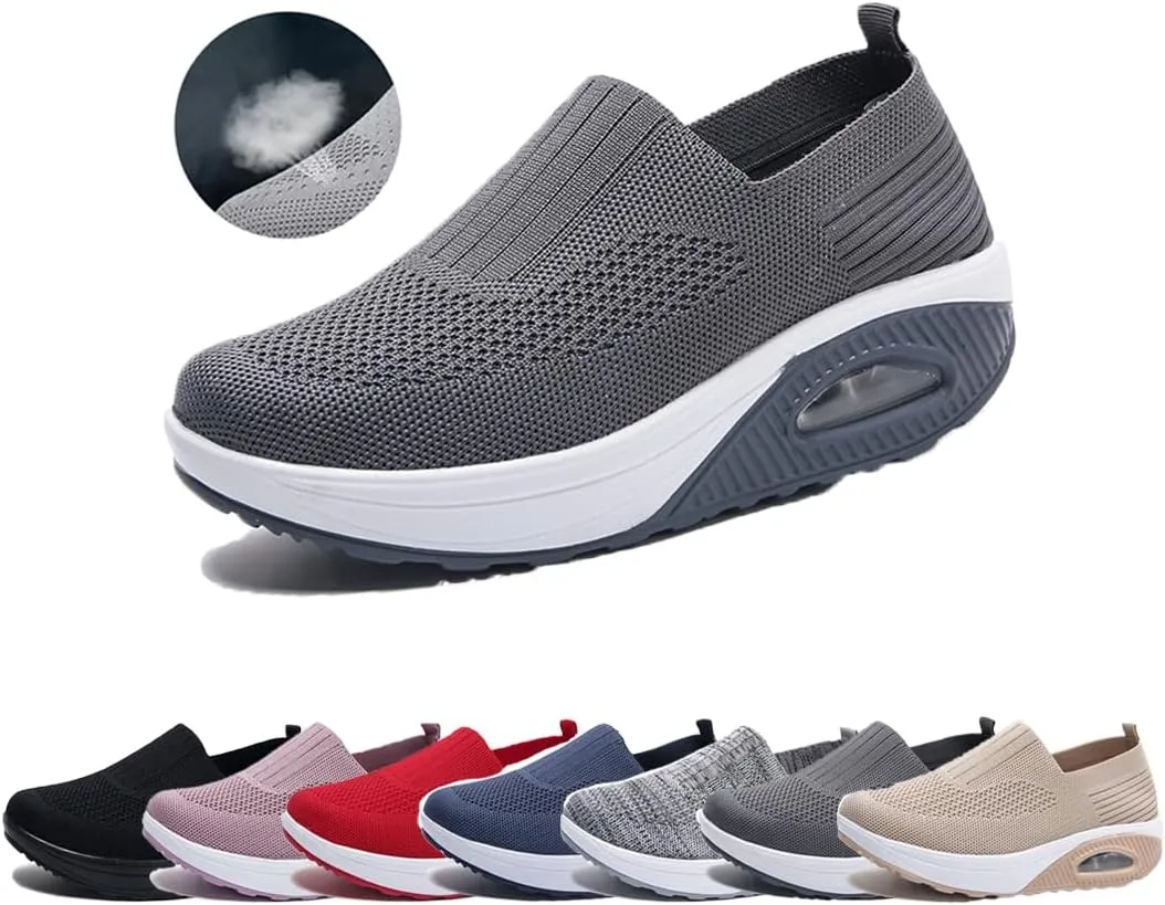 Women Orthopedic Air Cushion Walking Shoes Slip-On Platform Mesh Stretch Wedge Sneakers,with Arch Support,Non-Slip Orthopedic Stretch Walking Shoes