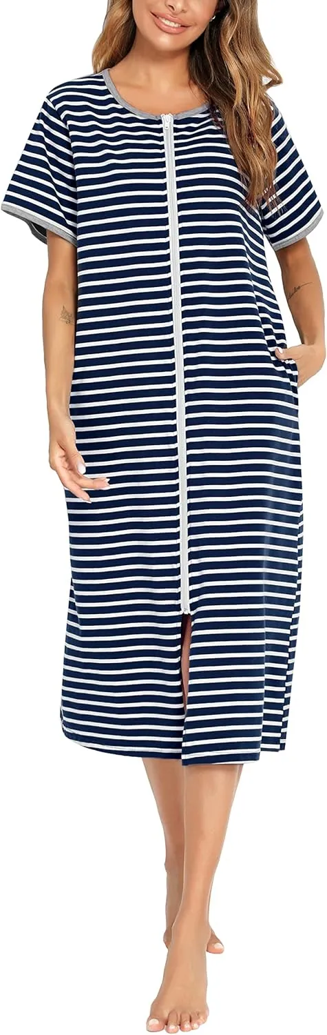 Women Short Sleeve Zip Front Nightgowns Full Length Cotton Robes Loose Housecoat Loungewear with Pockets S-XXL