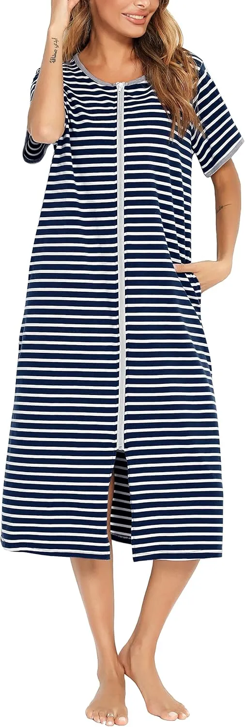 Women Short Sleeve Zip Front Nightgowns Full Length Cotton Robes Loose Housecoat Loungewear with Pockets S-XXL